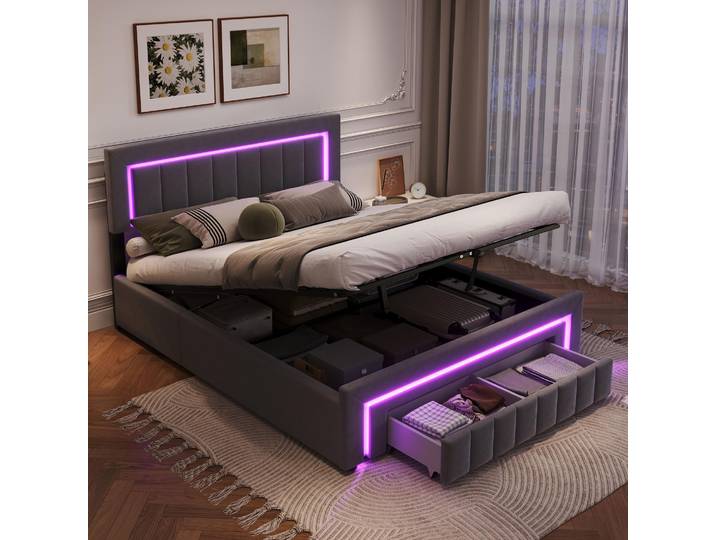 MODFU Lit boxspring double 160×200 fonctionnel avec LED et tiroirs\, lit rembourré avec rangement en velours\, coffre et sommier\, sans matelas\, Gris foncé