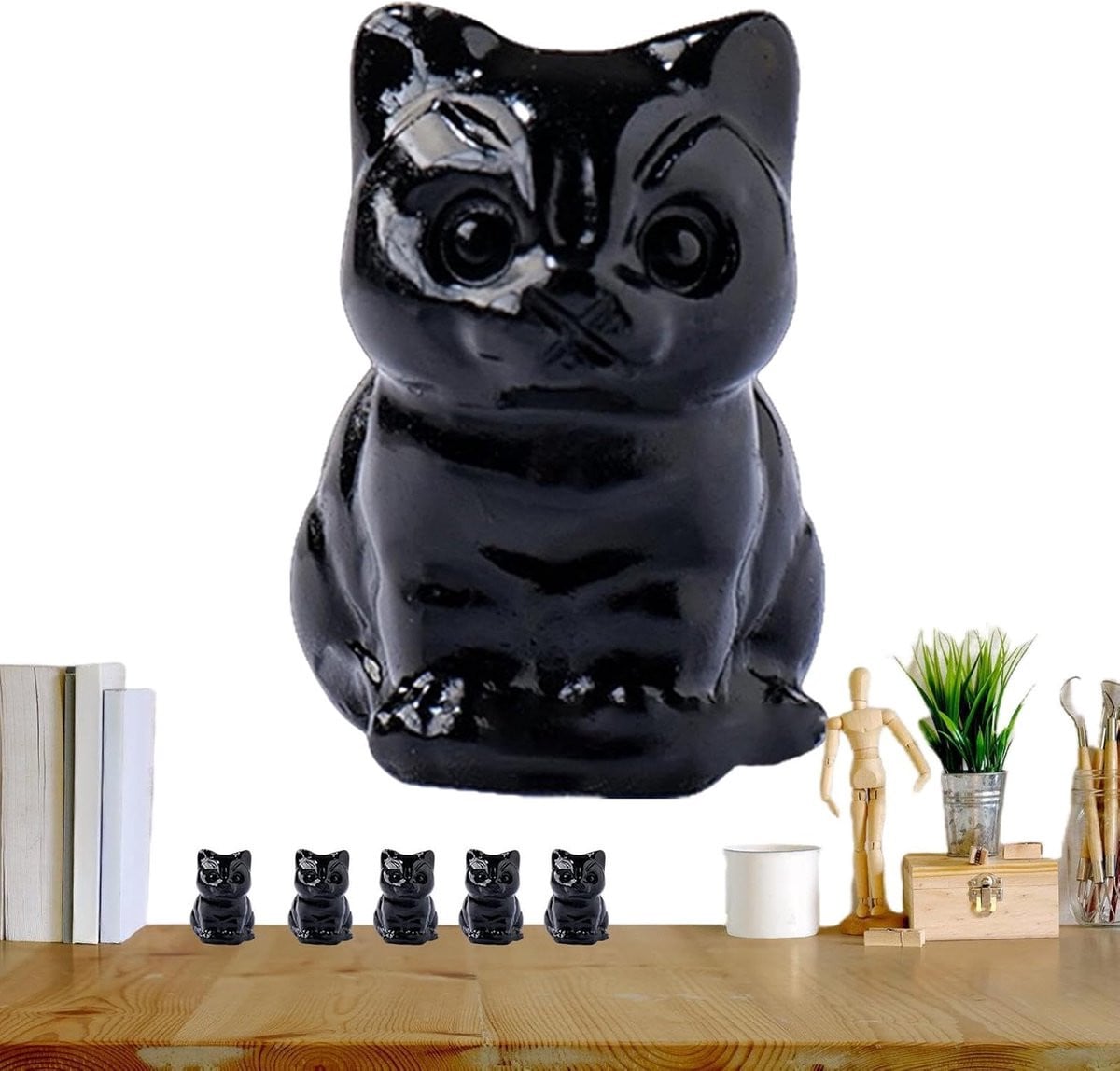 Zwart Kattenbeeldje van Natuursteen Obsidiaan - Decoratief Kattenfiguur voor op Tafel - 2 x 3 cm
