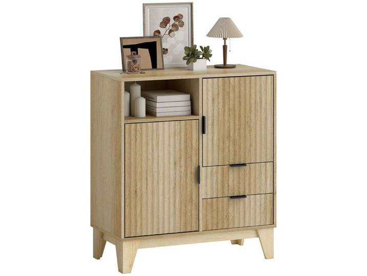 Buffet - MINIMAL - 80x40x90 cm - 2 portes 2 tiroirs - Façade ondulée - Finition bois résistante