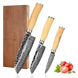 Zayiko 3er Damastmesser-Set I 9 - 17 cm Klingen I Olivenholzgriffe und Hammerschlag