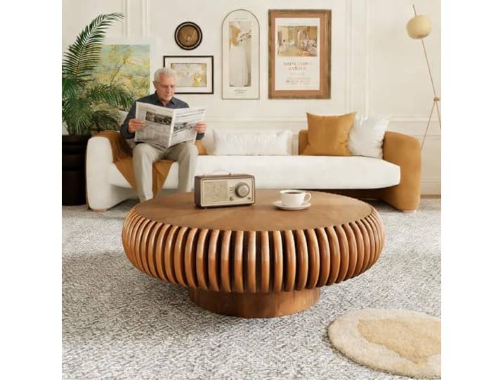 FeiZhiYanS Runder geriffelter Couchtisch aus Holz Moderner, Handgefertigt, Mitte des Jahrhunderts, Stabiler Sockel, Für kleine Räume im Wohnzimmer