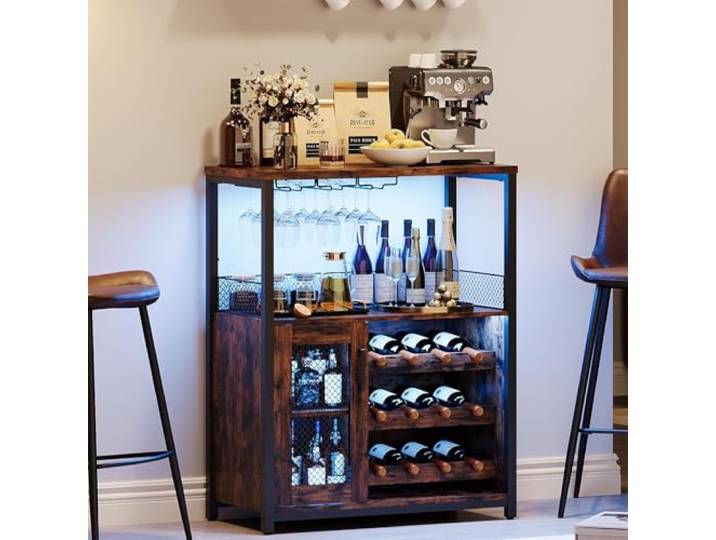 ZoomBuggy Industrial Weinbarschrank Mit LED-Beleuchtung, 70x35x92 cm Retro Design, Verstellbares Regal & Glashalter Für Wein, Gläser & Zubehör, Vintage