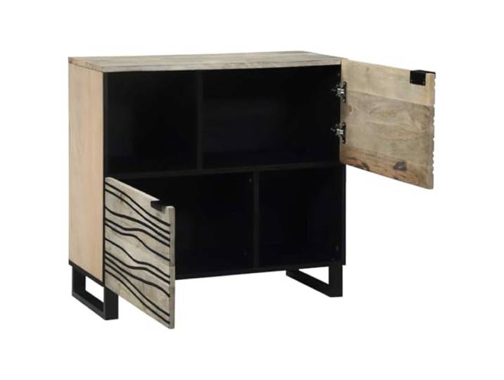 Sideboard Weiß 80 x 33 x 75 cm Massives Mangoholz Wellenförmiges Muster, schwarze Eisenbeine, Klapptüren, solide Regale, Holzwerkstoff-Anteil, pflegeleicht