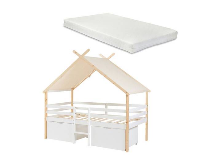 en.casa Kinderbett, »Surnadal« Haus-Optik mit Rausfallschutz 90x200cm Weiß/Natur