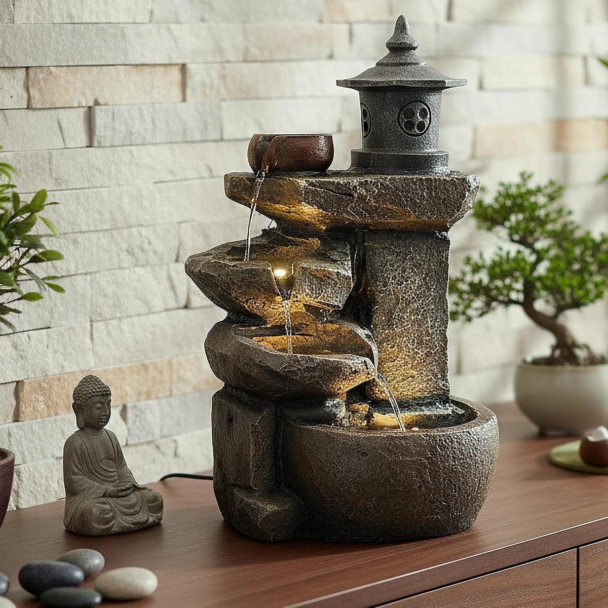 Decoratieve waterval fontein met ledverlichting in bruin/grijs, Hoogte: 50 cm