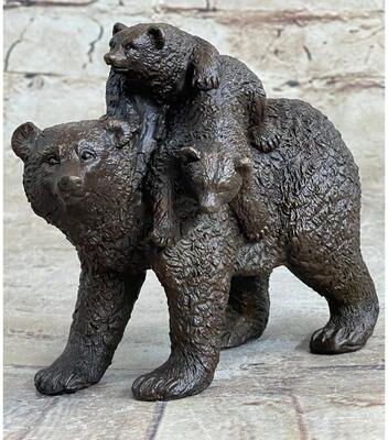 Bronzhaus Young Cubs On Back Mother Bear 100 Percent Solid Bronze Statue Sculpture Figurine