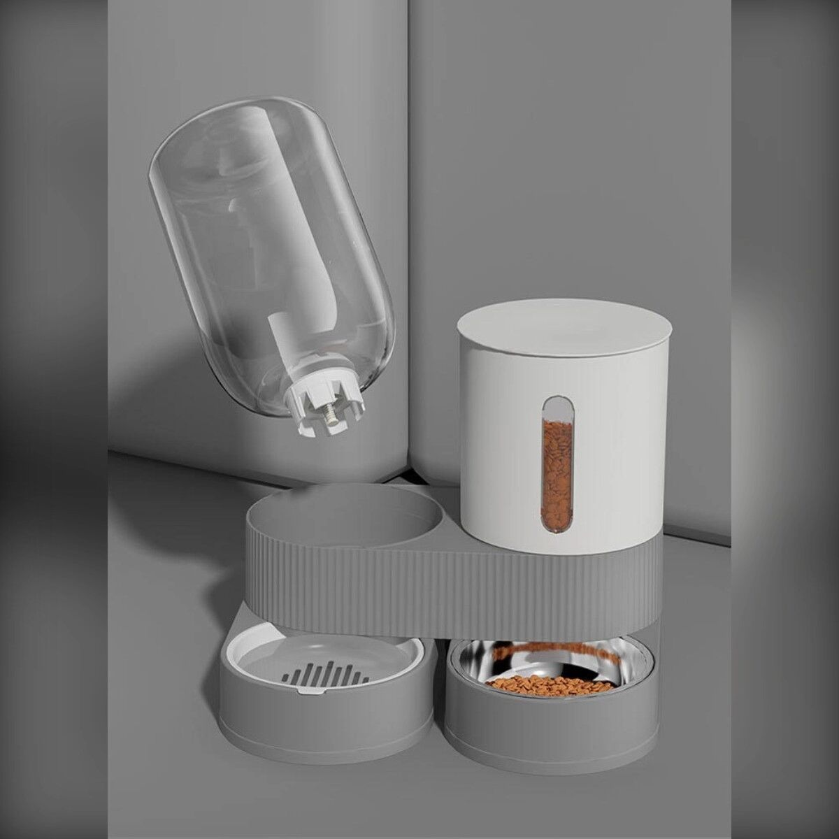 INF Distributeur automatique 2-en-1 nourriture et eau - Remplissage auto par siphon, grande capacité, base anti-basculement, Bleu