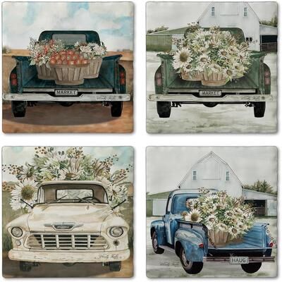 Thirstystone Farming Trucks 4-Pack Tumbled Tile Stone Coasters with Protective Cork Backing Manufactured in The USA