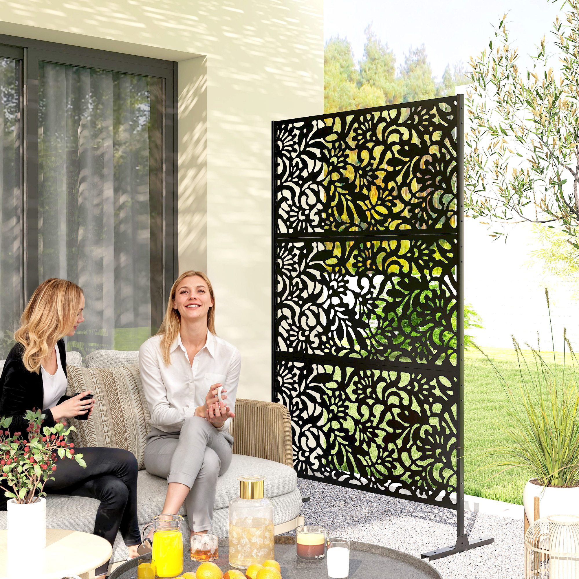 Outsunny Pannello frangivista decorativo esterno Claustra decorativo giardino 3 pannelli a motivo floreale Acciaio 122 x 45 x 198 cm Nero   Aosom Italy