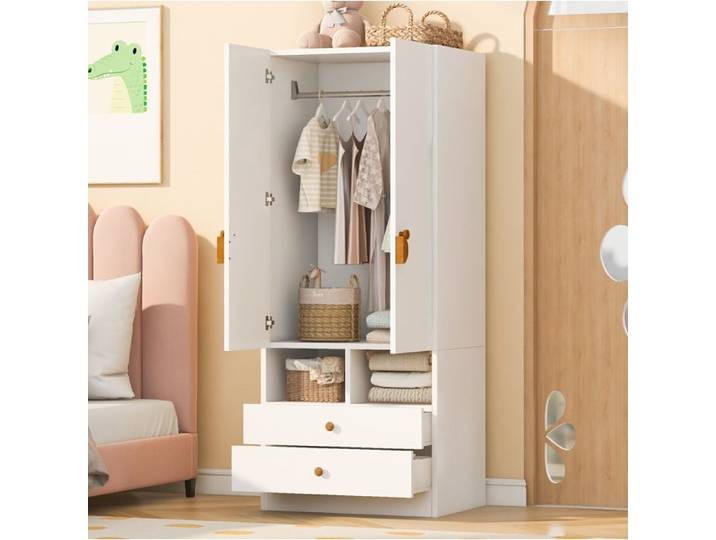 Maisentiel Armoire garde-robe blanche en MDF 70 x 50 x 170 cm avec 2 tiroirs et portes battantes