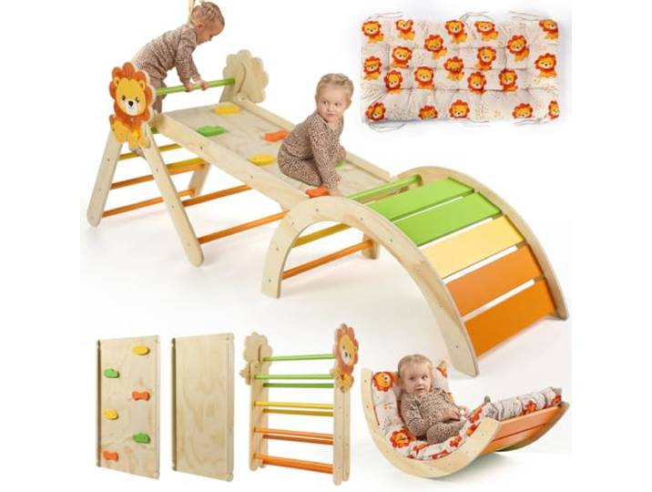 7-in-1 Montessori Kletterdreieck Set mit Rutsche, Kletterbogen & weichem Kissen – Holz Klettergerüst für Babys & Kleinkinder, Indoor Spielgerät, faltbar & sicher (Löwe)