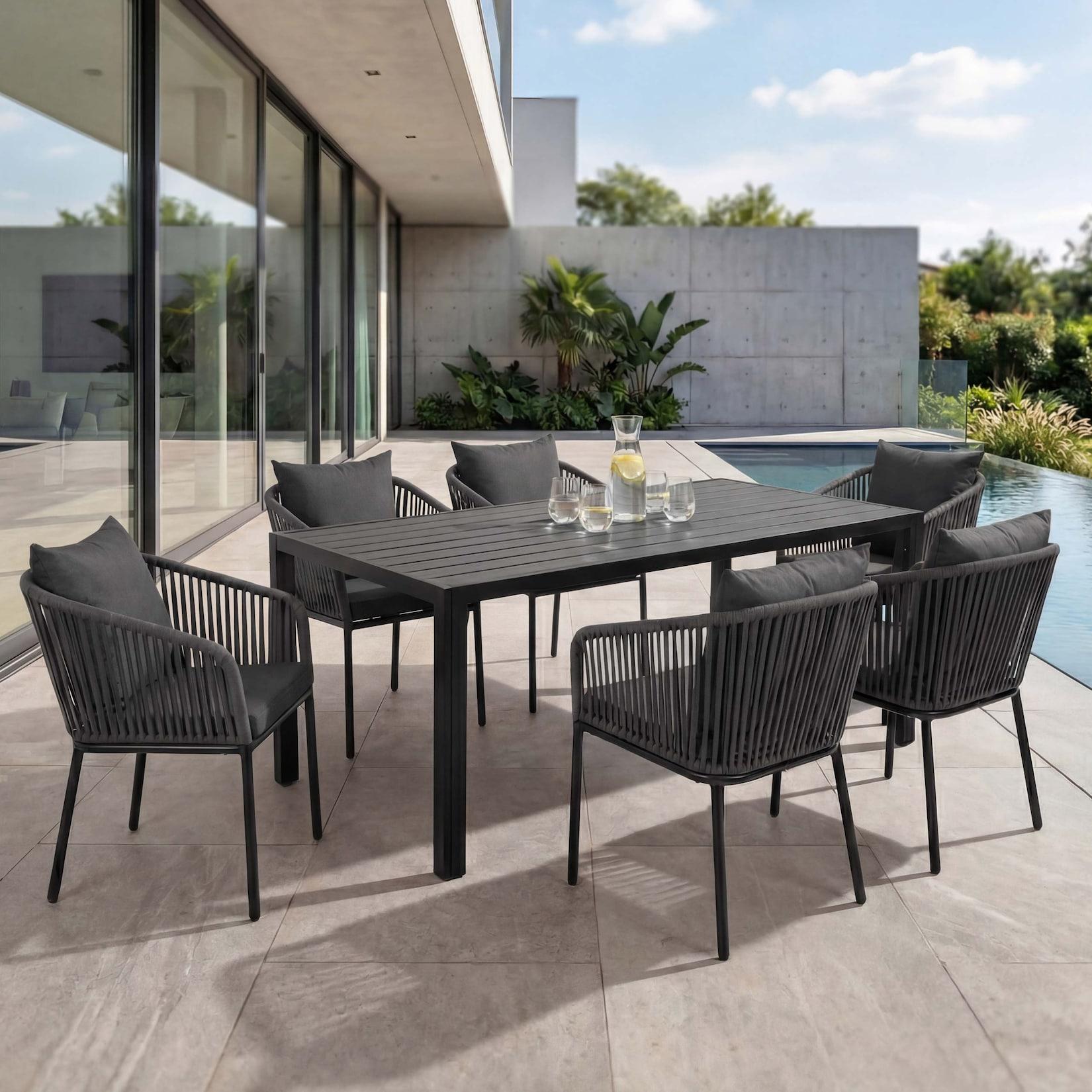 Gartengarnitur MCW-N41, Tisch+6xStuhl, wetterfest Alu 180x80cm, Seilgeflecht Rope ~ anthrazit, Kissen dunkelgrau
