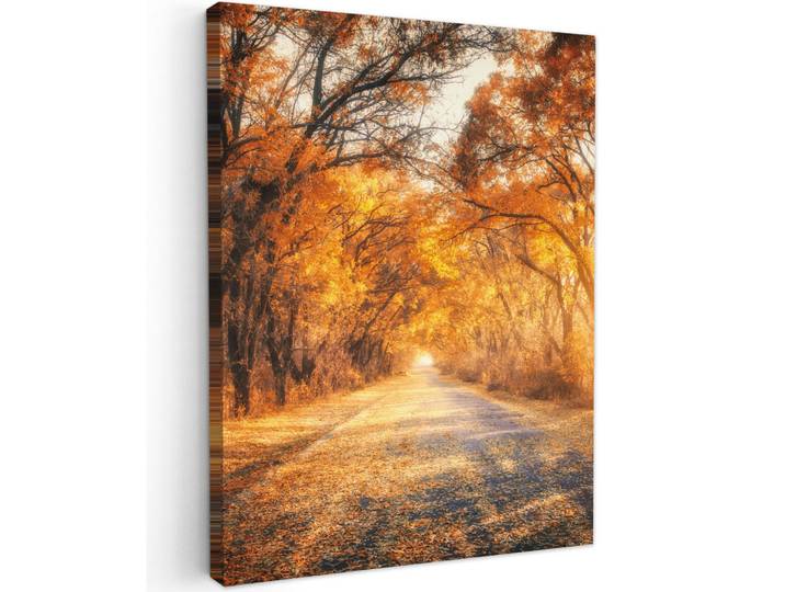 MuchoWow Leinwandbild - Wald - Herbst - Bäume - Waldweg - Natur - 60x80 - Gemälde, Bernsteinfarben, Textil, Kiefer, Abstrakt, Rechteckig, 60x80 cm, gerahmt, Bilder & Rahmen, Bilder, Wandbilder