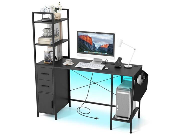 Bureau avec Lumières LED - COSTWAY - Prises de Courant - Étagères Ouvertes - 2 Tiroirs - Support pour Processeur - Poche en Tissu