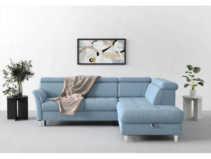 Ecksofa, Polyester, Hellblau 252×216 cm, Mit Bettfunktion & Stauraum, Modern, sit&more