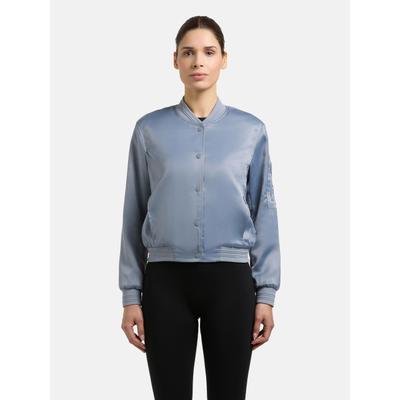 Collegejacke KHUJO "Tami", Damen, Gr. M (38), blau (misty blau), Obermaterial: 97% Polyester, 3% Elasthan. Innenfutter: 100% Polyester, lässig geschnitten hüftlang, hoch geschlossener Ausschnitt, Rippbündchen, Jacken Collegejacke, Leichte Damen...