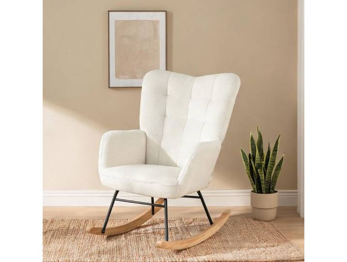 Fauteuil à bascule blanc en tissu effet laine bouclée structure acier 71x98x101 cm
