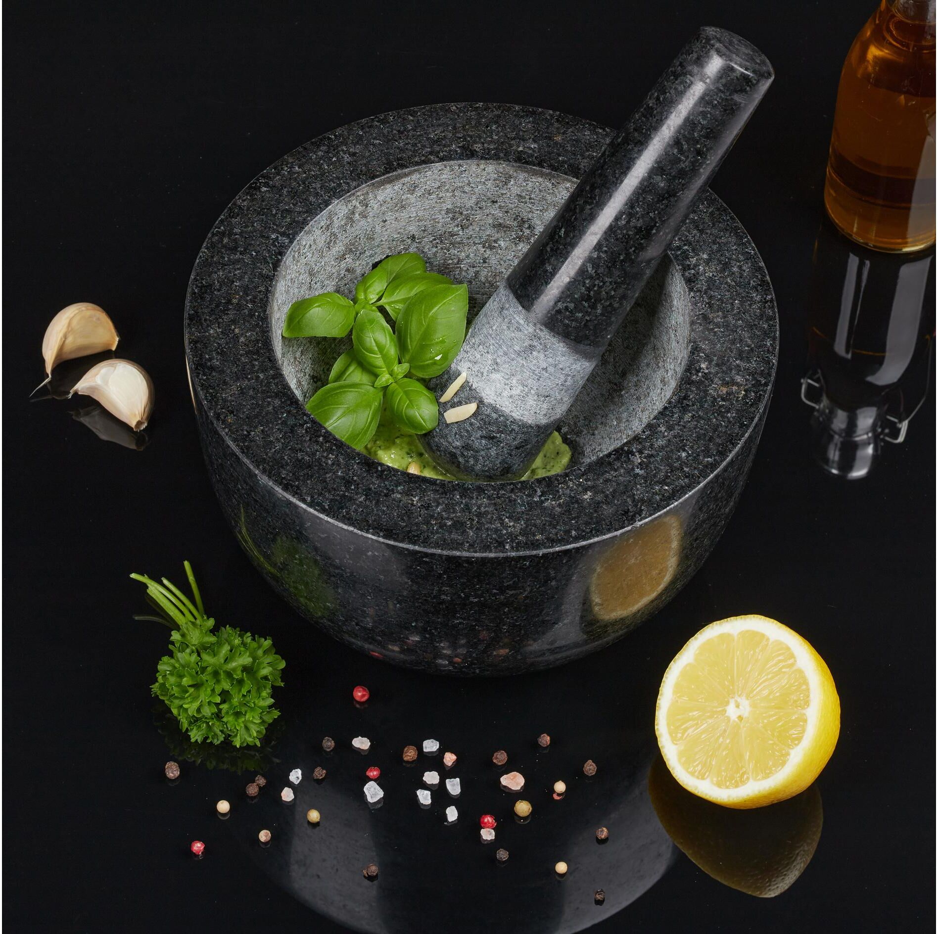 Mörser RELAXDAYS "20 cm", grau, schwarz, H:12cm Ø:20cm, Granit, Mörser, Mörser grau, schwarz Ø 20cm + Höhe 12cm