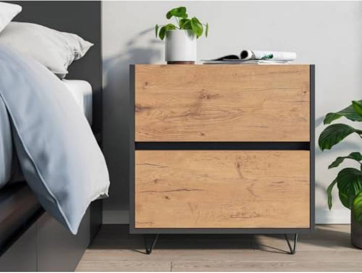 Magnolia Home Nachttisch Yako 60cm 2 SoftClose stehend Grafit & Eiche Front