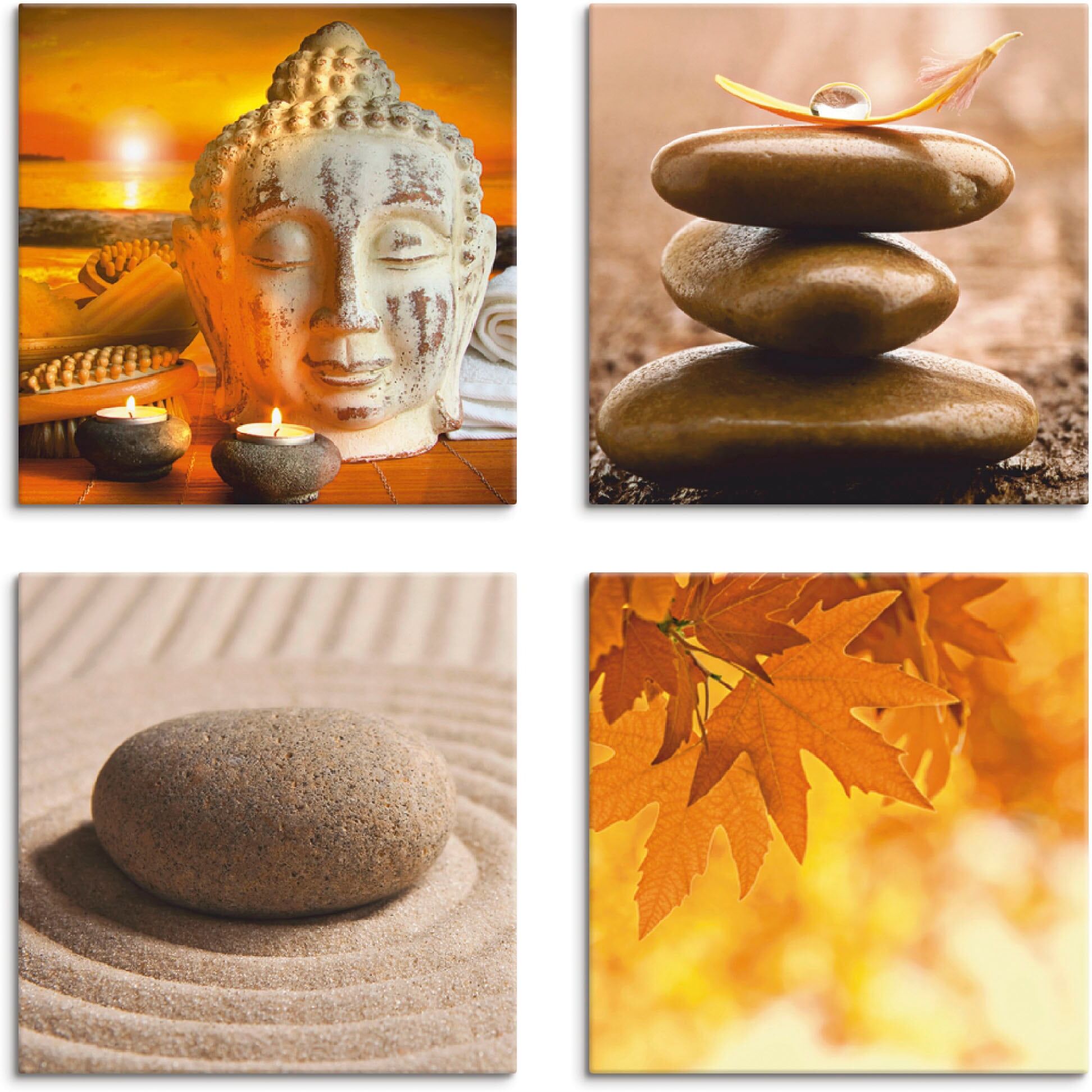 Leinwandbild ARTLAND "Buddha-Statue Zen Garten Massagesteine", braun (farbe bild(er): braun), B:30cm H:30cm, Leinwand, MDF, Bilder, Leinwandbild, 4er Set, verschiedene Grössen farbe bild(er): braun B/H/T: 30cm x 30cm, Leinwandbild Zen quadratisch, 4 Stk.