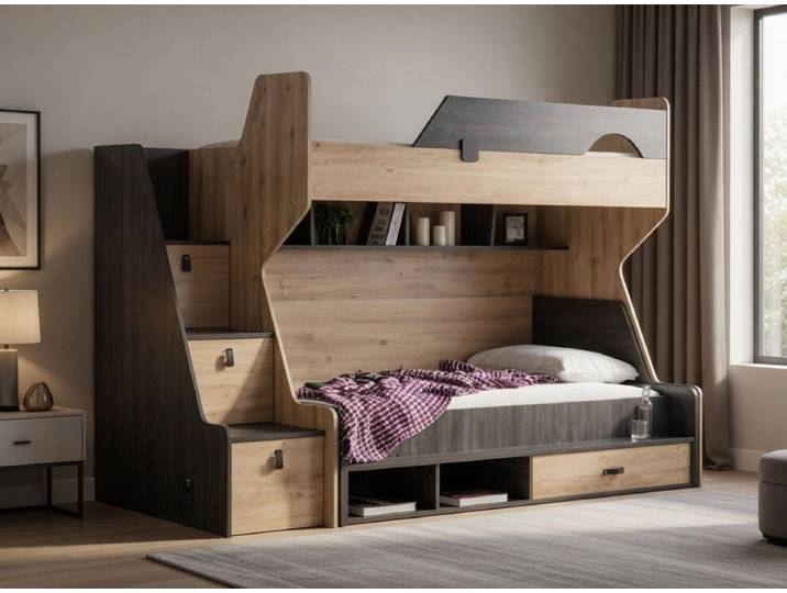 Xlmoebel Etagenbett Modernes Etagenbett mit Stauraum und Regalen für Kinderzimmer (Etagenbett, Etagenbett mit Stauraum), Made in Europa
