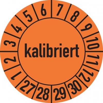König Werbeanlagen Prüfplakette ab 27, kalibriert, orange/schwarz, Folie, Ø 30 mm - Bogen = 10 Plaketten - 30 mm Folie selbstklebend