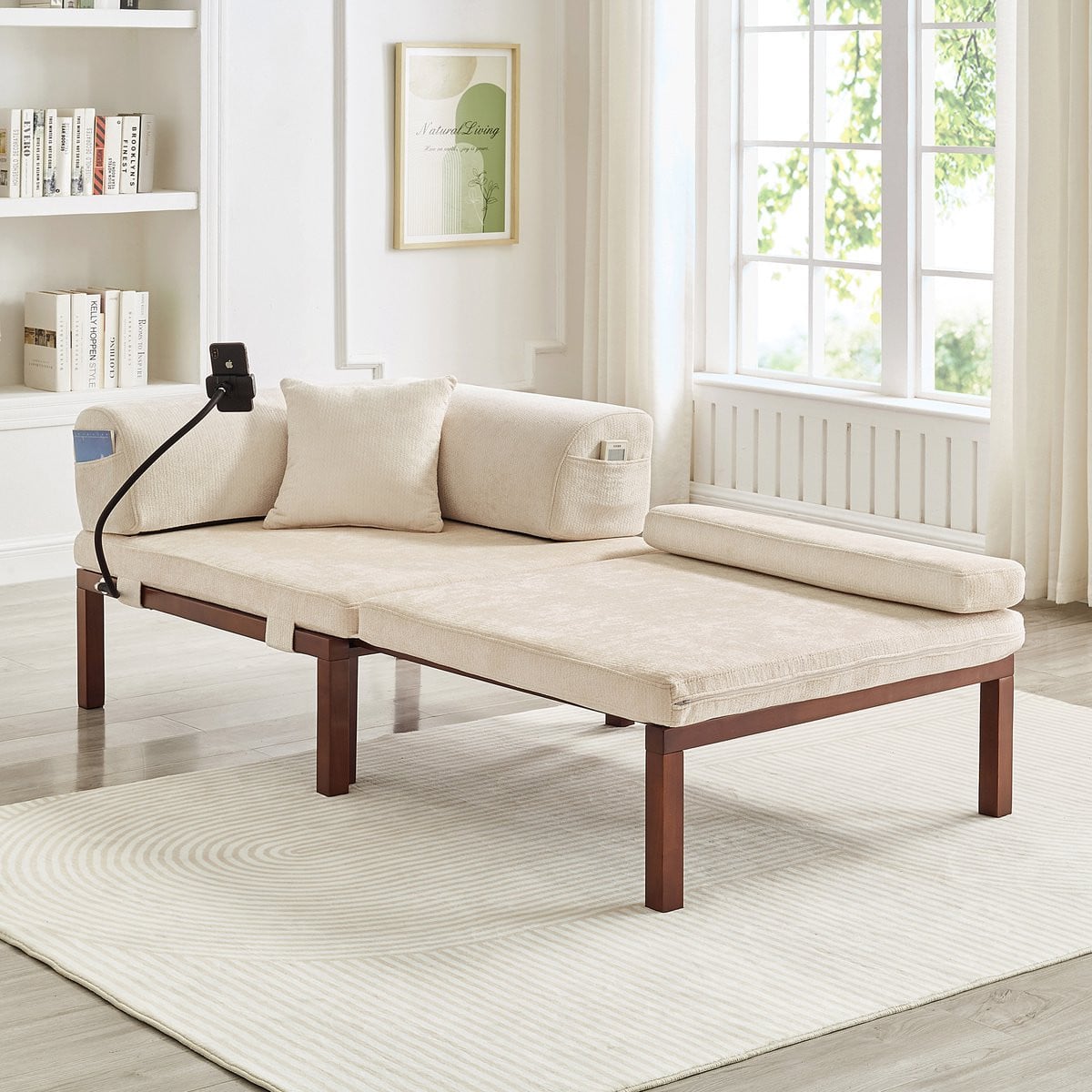 MODFU Slaapbank Beige Fluweel - Modern Uitschuifbaar Eenpersoonsbed