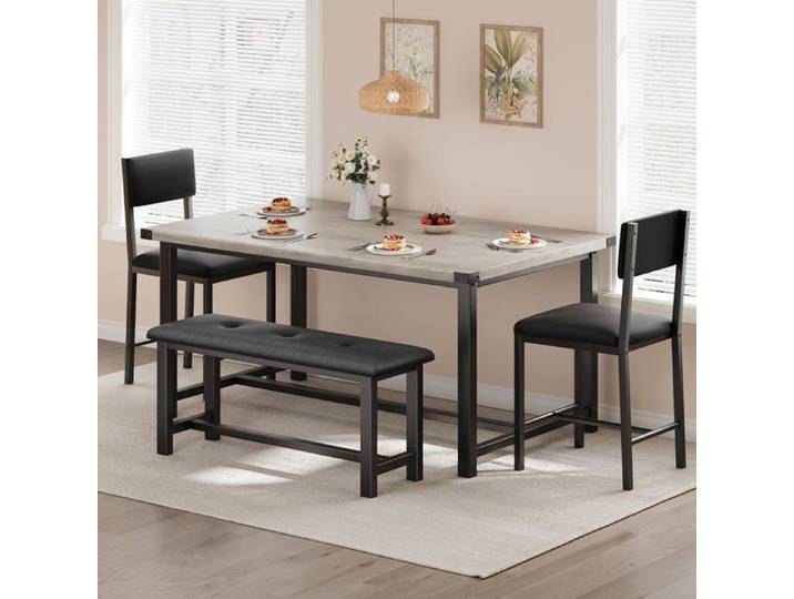 Table cuisine et 2 chaises avec 1 banc - industriel - pour 4 personnes gris