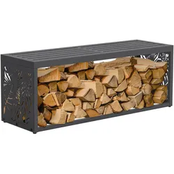 KAMINHOLZREGAL Innen/Aussen mit Sitzbank Metall Brennholzregal Anthrazit 120x38x43 cm Stahl Verzinkt Blätter-Motiv