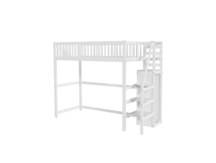 Rutaqian Hochbett Kinderbett mit Lattenrost, Treppe, (1-St) Aufbewahrungsregal, einfacher Kleiderschrank, robustes und langlebiges