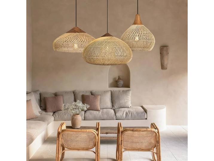 Lampe suspendue en rotin rustique beige, lustre, lampe suspendue au plafond, éclairage en rotin pour salle à manger, îlot, salon