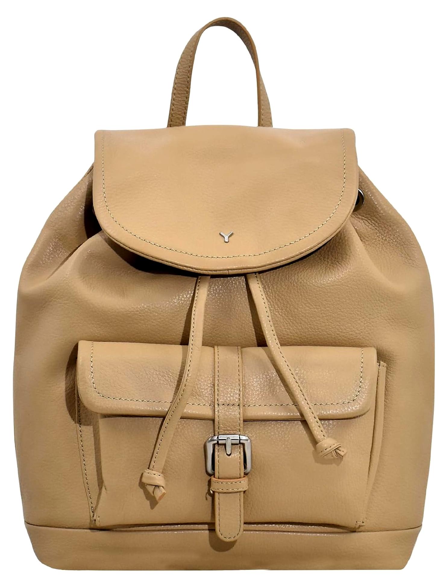 Rucksack aus echtem Leder für Damen, lässiger und eleganter Rucksack mit verstellbaren Schultergurten und Kordelzugverschluss mit Magnetklappe, entworfen in Italien, Biscuit, M