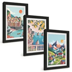 BILDER SET 3er Set - 20x30 cm Schwarzer Rahmen - Farbenfrohe Berge und Städte