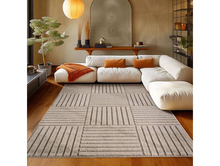 Teppium Tapis salon 160x230 cm Beige shaggy shaggy doux motif carreaux effet relief doux style scandinave bohème moderne