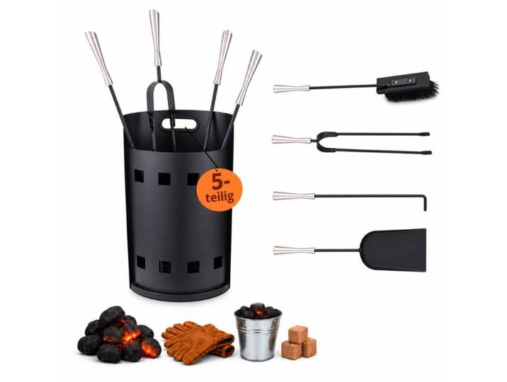 Relaxdays Kaminbesteck 5-teilig mit Behälter