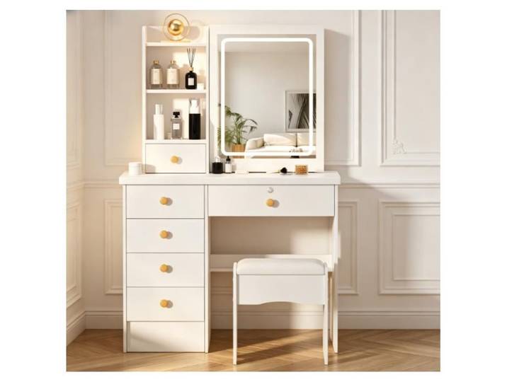 WILITTO Coiffeuse avec Miroir et Tabouret - 6 Tiroirs et étagères - LED avec 3 couleurs - 80x36x132cm - Blanc