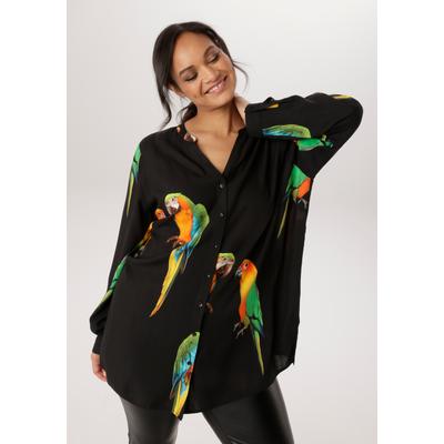 Longbluse ANISTON PLUS, Damen, Gr. 52, bunt (schwarz, bunt), Web, Obermaterial: 100% Viskose, bedruckt, figurumspielend Po-bedeckend, V-Ausschnitt, Blusen Longbluse, Mit ausgefallenen Papgeien Druck