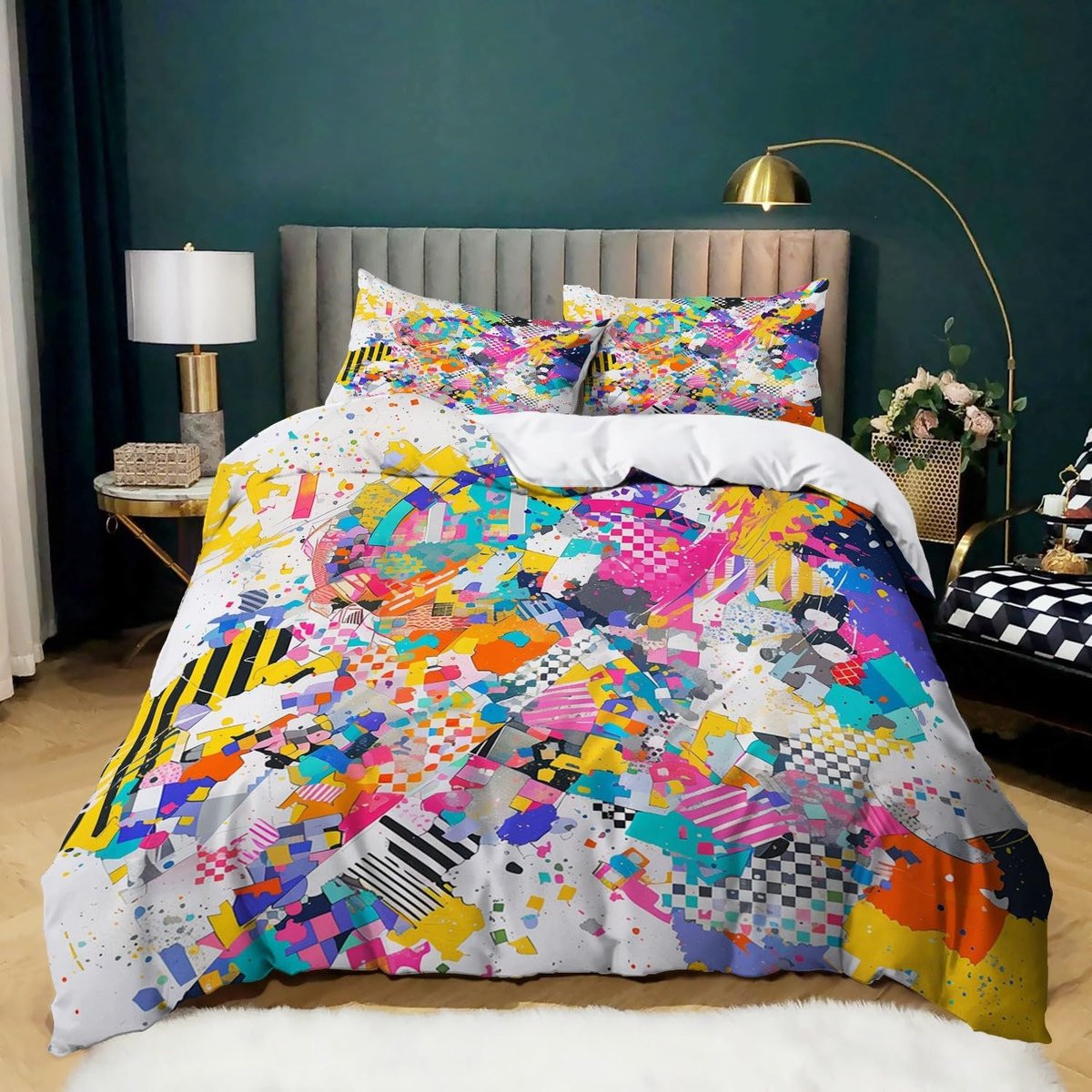 Kingsize Dekbedovertrek Set met Kleurblok Graffiti Design