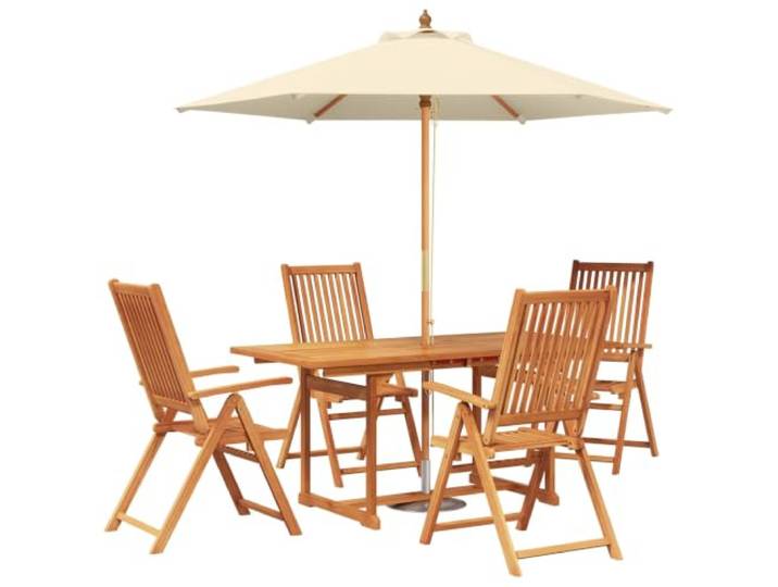 KTHLBRH Esstisch-Set für den Außenbereich mit Sonnenschirm, 6-teilig, aus Ausziehbarer Tisch, 5 Positionen verstellbare Stühle, verstellbarer Sonnenschirm, Stoff 100 % Polyester