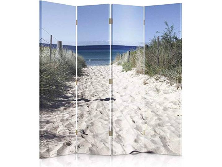 Feeby Paravent Strand Meer 145x150 cm 4 Teilig Modern Design beidseitig Raumteiler Wandschirme Foto Trennwand Raumtrenner Sichtschutz Spanische Wand auf Leinwand Bedruckt Weiß Blau