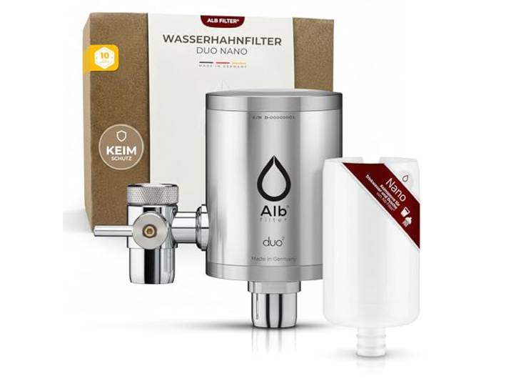 Alb Filter DUO NANO Wasserfilter Wasserhahn Edelstahl Natur Zertifizierte Keimsperre bis 0,1 µm gegen Legionellen & Bakterien, Trinkwasserfilter Küche, Made in Germany
