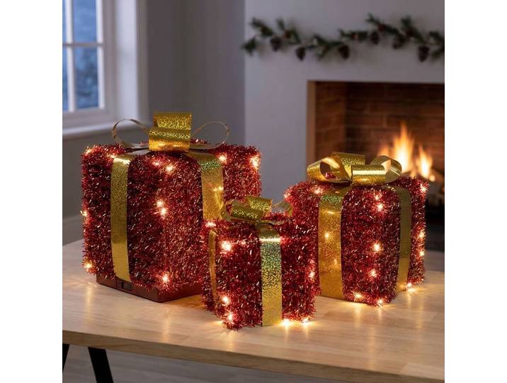 3er-Set LED Geschenkeboxen, batteriebetrieben, Timer