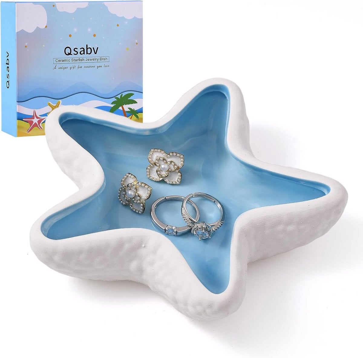Decoratieve Keramische Sieradenschaal Zeester Blauw - Ringhouder, Oorbel- en Kettingopberger