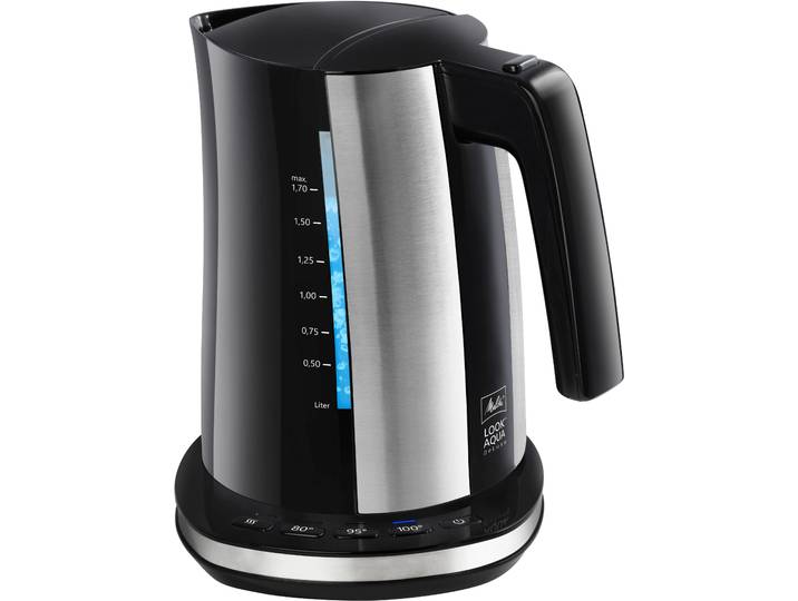 MELITTA Wasserkocher Look Aqua Deluxe 1026-04 , schwarz (edelstahlfarben, schwarz), B:22,9cm H:24,2cm T:20cm, Wasserkocher, Dreistufig einstellbare Temperatur (80/95/100), Wasserkocher
