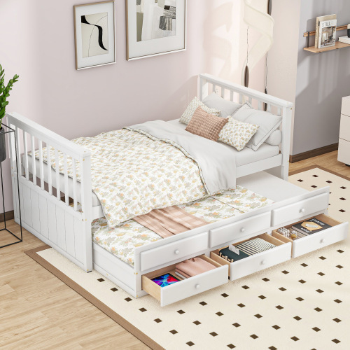 Einzelbett 90x200cm ohne Matratze Kinderbett Weiss Massivholz Bettauszug Drei SchubladenEinzelbetten Bettauszug Massivholzbetten Tagesbett