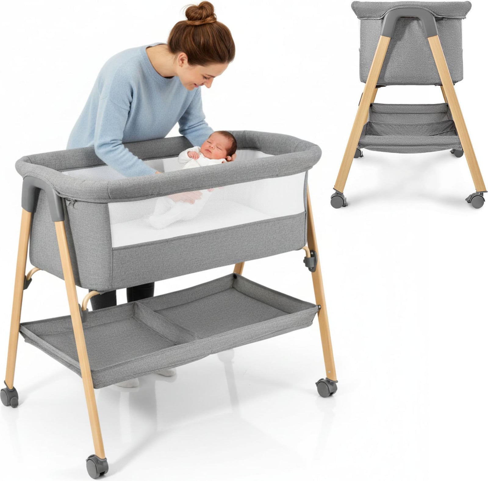 Moby-System MILI opvouwbaar babybed met matras en wielen, grijs, geschikt voor 0-6 maanden