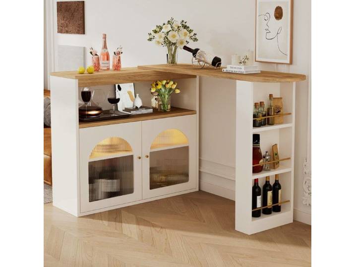 Table de Bar Extensible Moderne Table de Bar rotative 360° avec rangement 2 Portes et étagères Ouvertes Table Haute LED blanch