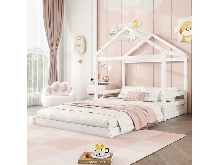 Lit maison 140 x 200 cm lit enfant en forme maison avec treillis (sans matelas) bois de pin