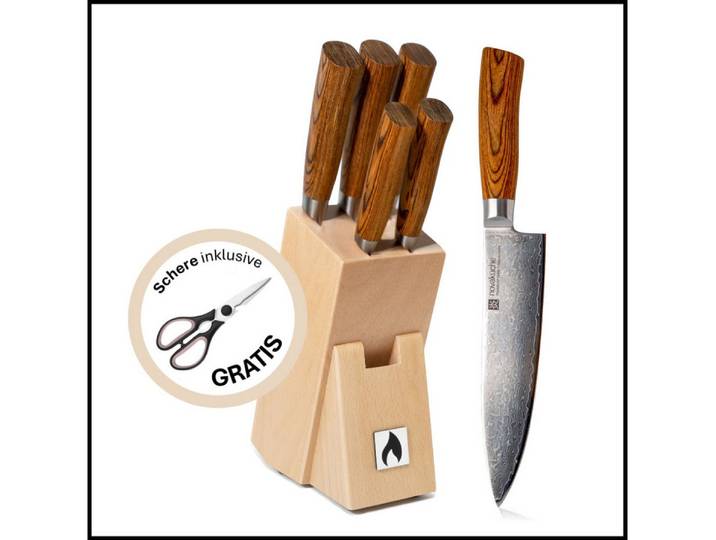 LIVINA HOME Messerblock 7-teiliges Messerset mit Messerblock, Block mit Damast Küchenmesser (6tlg), Damastmesser Japanischer Art, Geschenkbox, Oster Deal Sale!