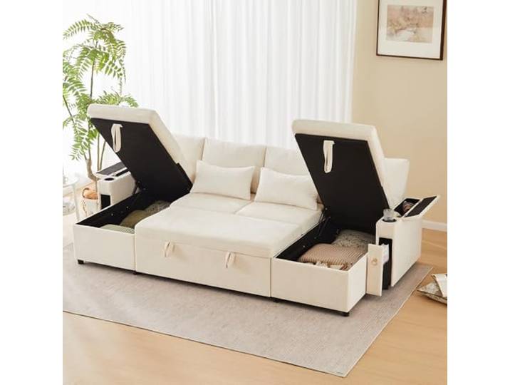 Merax Ecksofa mit Schlaffunktion, Ausziehbares U-Form Schlafsofa mit Bettkasten, Doppel-Chaiselongue mit verstecktem Stauraum, Praktisches Schlafcouch mit Getränkehalter, Armlehnenfach, Big Sofa-Beige